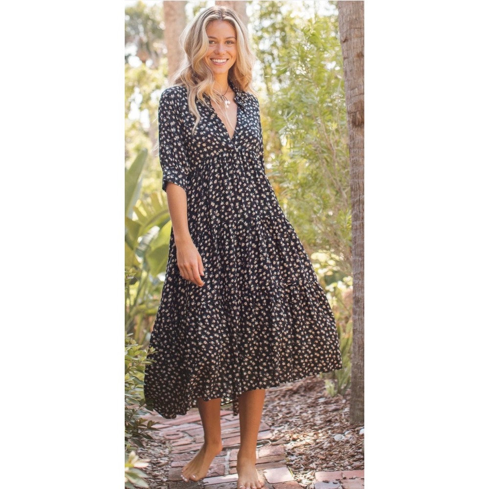 Natural Life Rebecca Midi Dress in Black With Cream Roses New Size Large